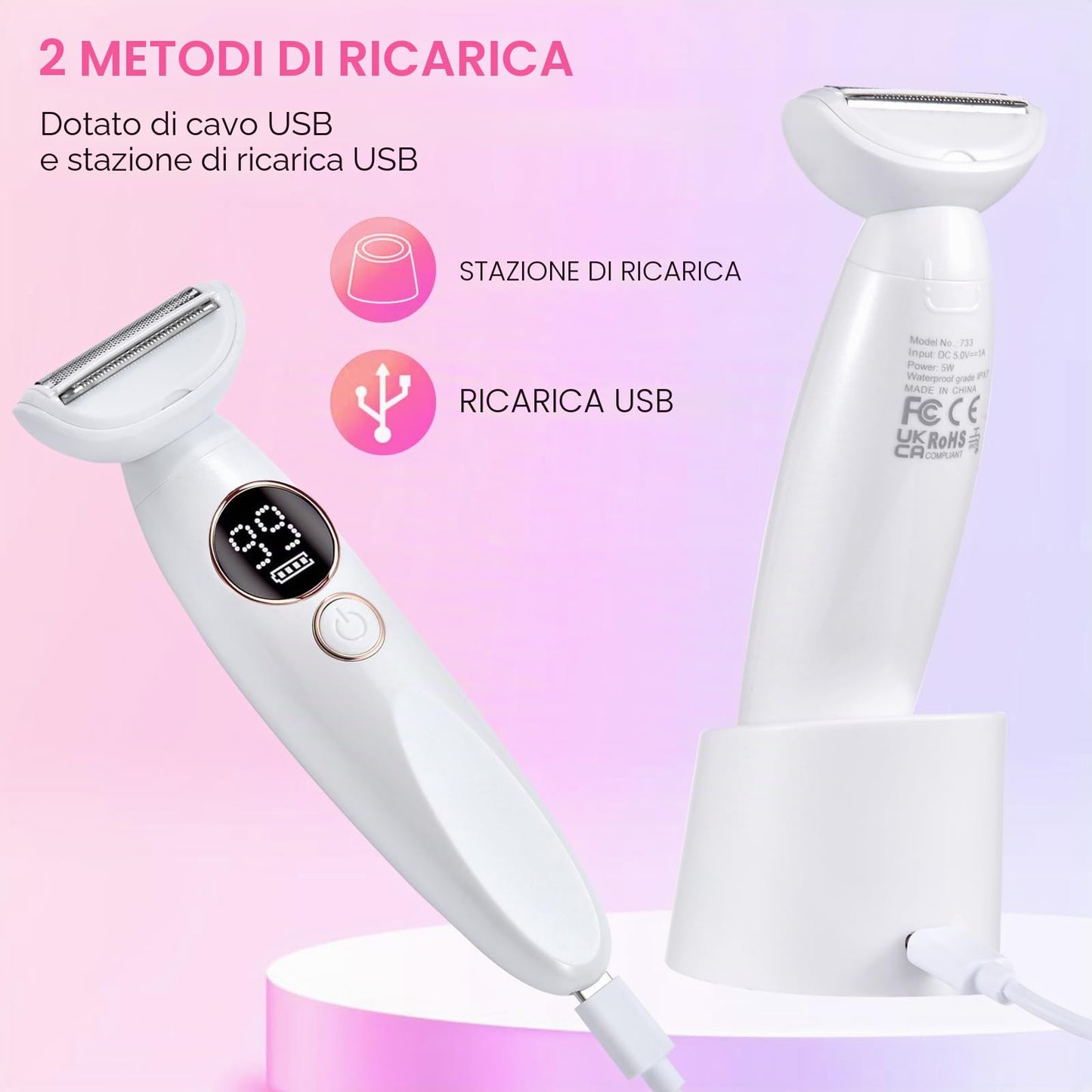 Rasoio Elettrico Donna, 5 in 1 Impermeabile Rasoio Parti Intime Kit Rasoio Elettrico Corpo, USB Rasoio Intimo a Secco e Bagnato Epilatore Elettrico Donna Indolore Femme