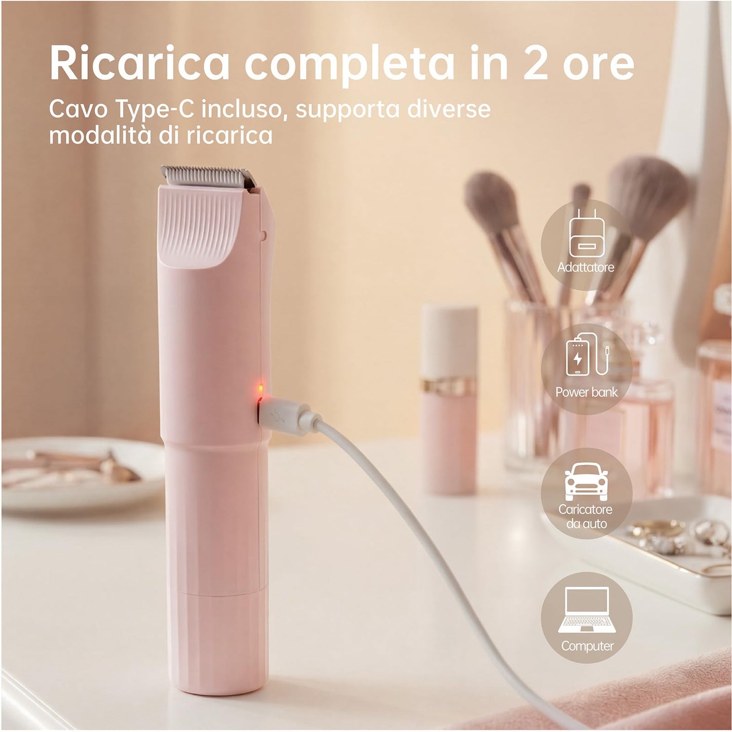 Rasoio Elettrico Donna, Rifinitore 3 in 1 per Viso e Zone Intime, per Gambe, Braccia, Ascelle e Zona Bikini, Ricaricabile USB, Cavo Incluso, Adatto a Pelli Sensibili (Rosa)