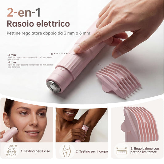 Rasoio Elettrico Donna, Rifinitore 3 in 1 per Viso e Zone Intime, per Gambe, Braccia, Ascelle e Zona Bikini, Ricaricabile USB, Cavo Incluso, Adatto a Pelli Sensibili (Rosa)