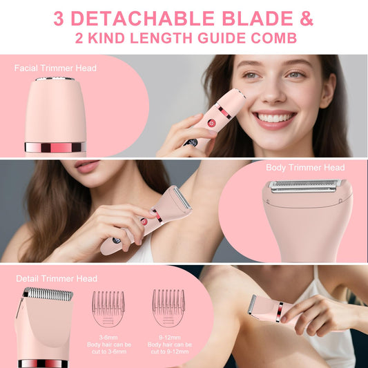 Scttomon Rasoio elettrico per donna Viso Bikini Corpo Tagliapeli corporeo per donna Epilatore per zona bikini Bikini-Trimmer Impermeabile IPX7 Display LCD Uso a secco/bagnato,rosa
