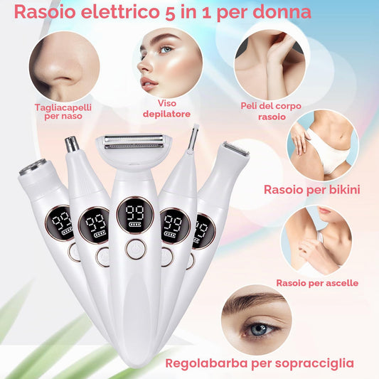 Rasoio Elettrico Donna, 5 in 1 Impermeabile Rasoio Parti Intime Kit Rasoio Elettrico Corpo, USB Rasoio Intimo a Secco e Bagnato Epilatore Elettrico Donna Indolore Femme