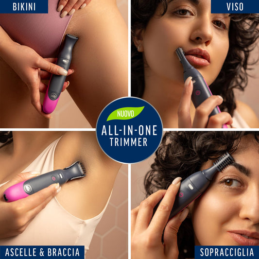 Veet Expert All-In-One Trimmer, Rasoio elettrico donna, Viso e parti intime, Epilatore elettrico donna 100% waterproof, 2 testine e 3 pettini guida, Rasatura ad alta precisione, Cordless