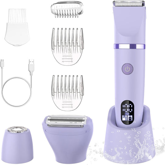 Rasoio elettrico per donna Viso Bikini Corpo Tagliapeli corporeo per donna Epilatore per zona bikini Bikini-Trimmer Impermeabile IPX7 Display LCD Uso a secco/bagnato,Lilla
