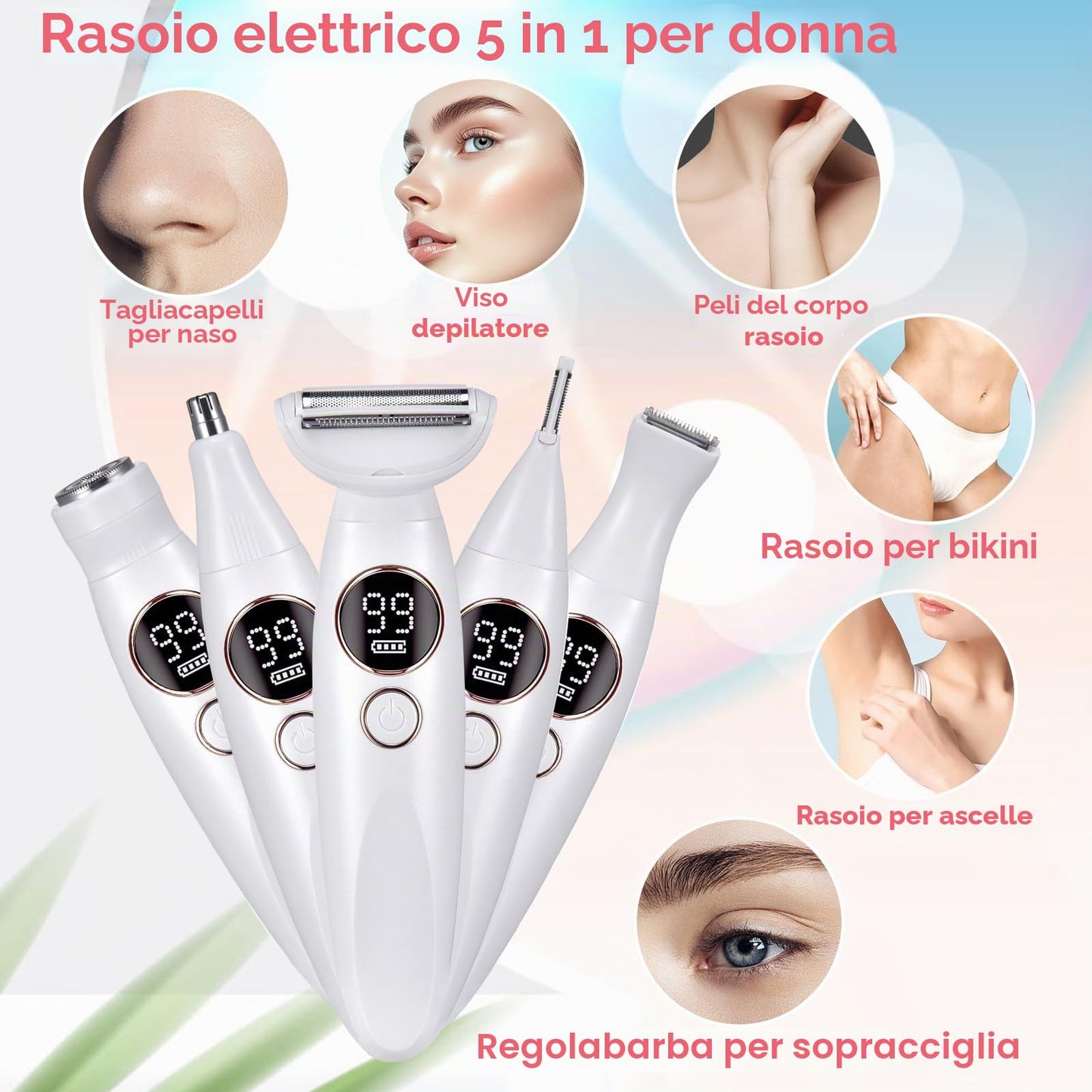 Rasoio Elettrico Donna, 5 in 1 Impermeabile Rasoio Parti Intime Kit Rasoio Elettrico Corpo, USB Rasoio Intimo a Secco e Bagnato Epilatore Elettrico Donna Indolore Femme