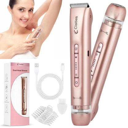 Rasoio elettrico da donna 2 in 1 per bikini a doppia testa, IPX7, impermeabile, per uso bagnato e asciutto, per rimuovere i peli del corpo e il viso, per bikini, ascelle, gambe, braccia, corpo viso