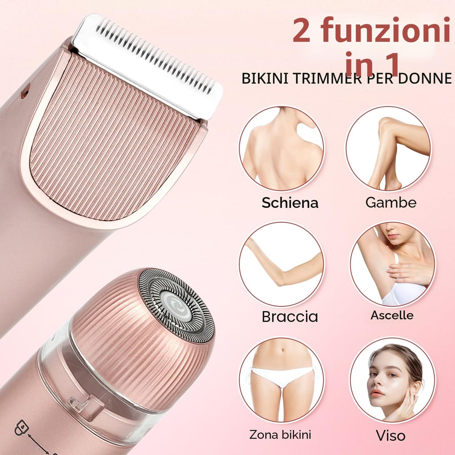 Rasoio elettrico da donna 2 in 1 per bikini a doppia testa, IPX7, impermeabile, per uso bagnato e asciutto, per rimuovere i peli del corpo e il viso, per bikini, ascelle, gambe, braccia, corpo viso