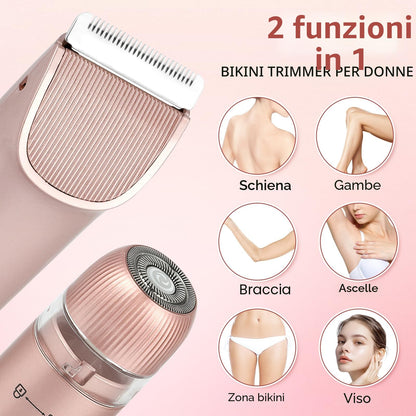 Rasoio elettrico da donna 2 in 1 per bikini a doppia testa, IPX7, impermeabile, per uso bagnato e asciutto, per rimuovere i peli del corpo e il viso, per bikini, ascelle, gambe, braccia, corpo viso