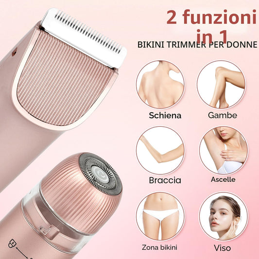 Rasoio elettrico da donna 2 in 1 per bikini a doppia testa, IPX7, impermeabile, per uso bagnato e asciutto, per rimuovere i peli del corpo e il viso, per bikini, ascelle, gambe, braccia, corpo viso