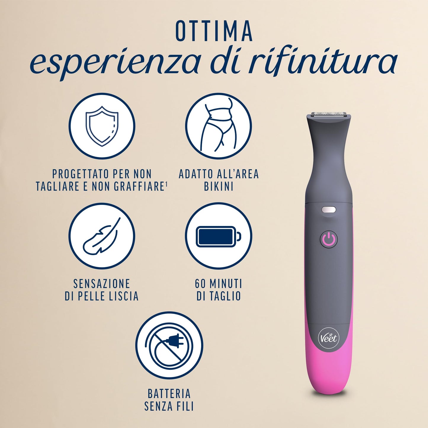 Veet Expert All-In-One Trimmer, Rasoio elettrico donna, Viso e parti intime, Epilatore elettrico donna 100% waterproof, 2 testine e 3 pettini guida, Rasatura ad alta precisione, Cordless