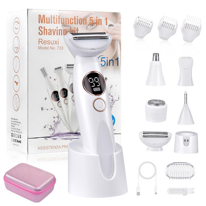 Rasoio Elettrico Donna, 5 in 1 Impermeabile Rasoio Parti Intime Kit Rasoio Elettrico Corpo, USB Rasoio Intimo a Secco e Bagnato Epilatore Elettrico Donna Indolore Femme