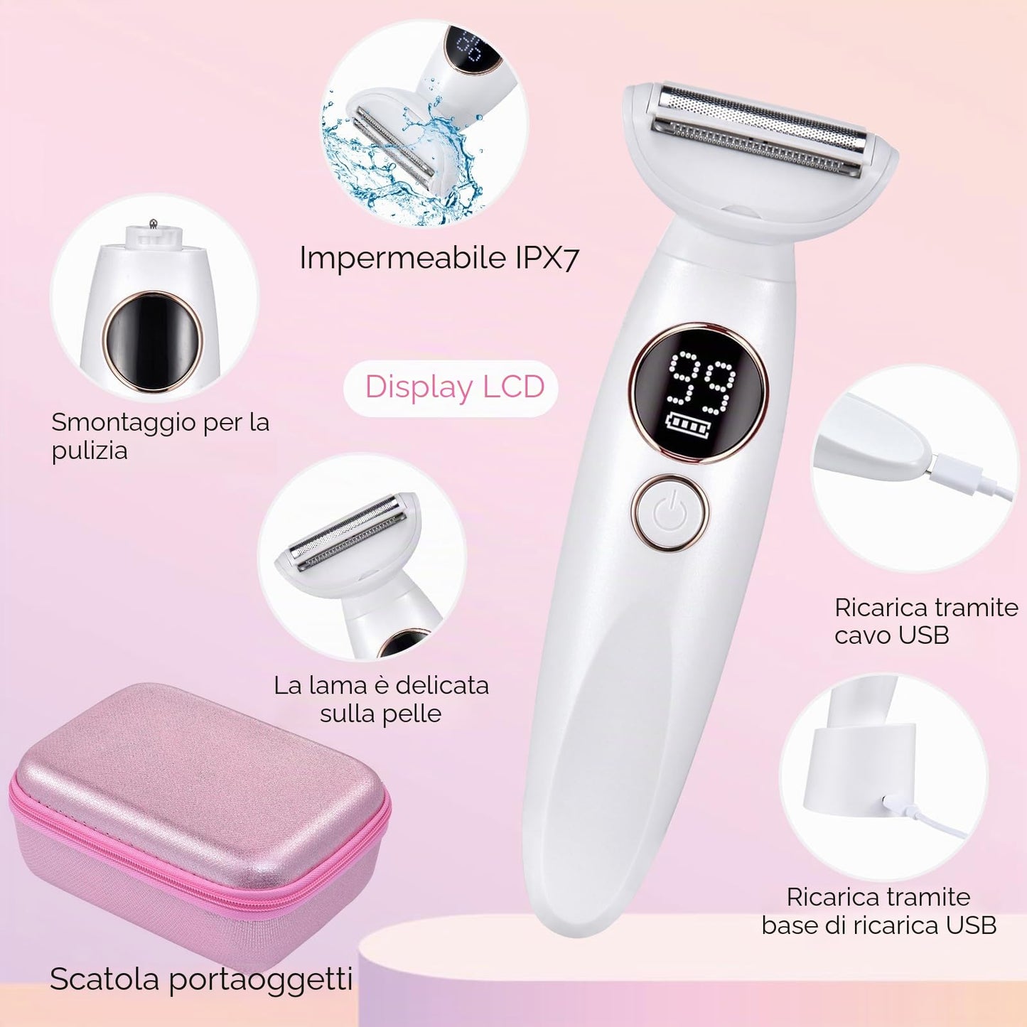 Rasoio Elettrico Donna, 5 in 1 Impermeabile Rasoio Parti Intime Kit Rasoio Elettrico Corpo, USB Rasoio Intimo a Secco e Bagnato Epilatore Elettrico Donna Indolore Femme