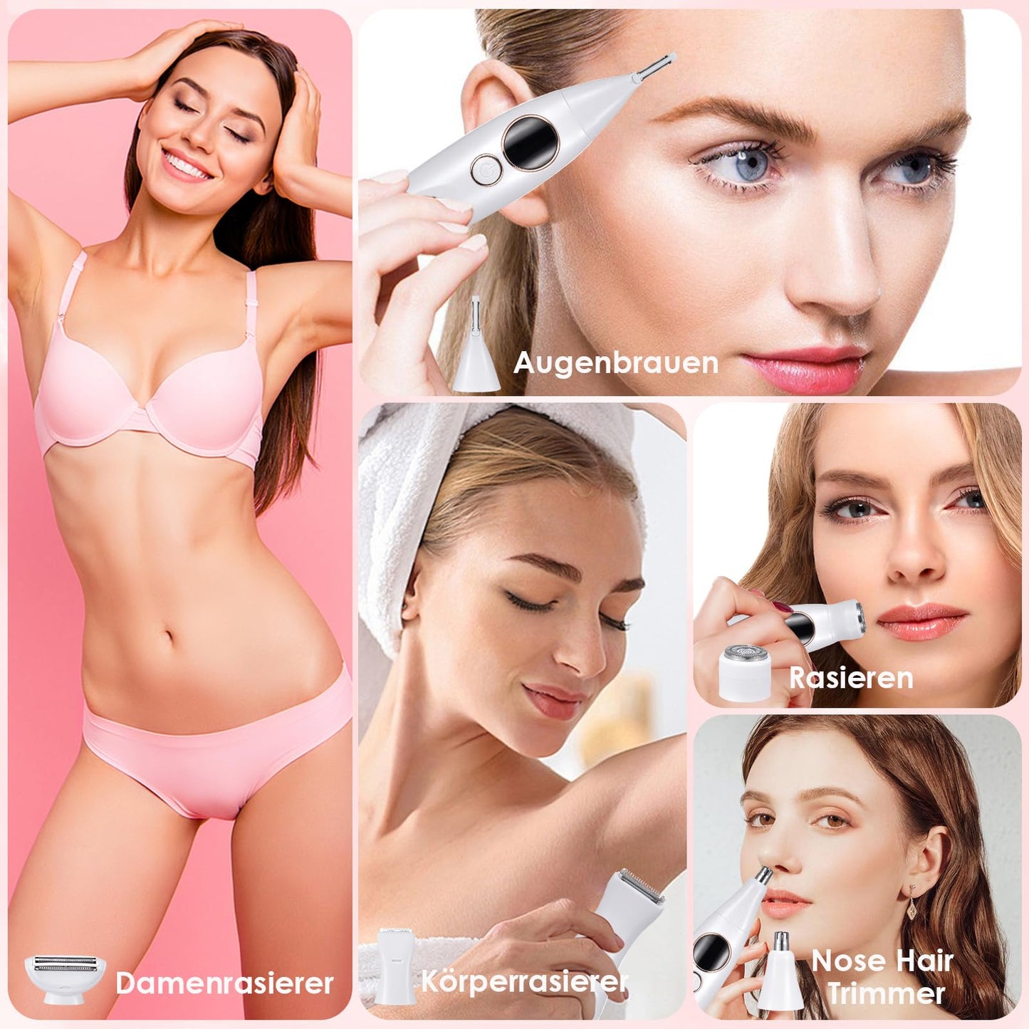 Rasoio Elettrico Donna, 5 in 1 Impermeabile Rasoio Parti Intime Kit Rasoio Elettrico Corpo, USB Rasoio Intimo a Secco e Bagnato Epilatore Elettrico Donna Indolore Femme