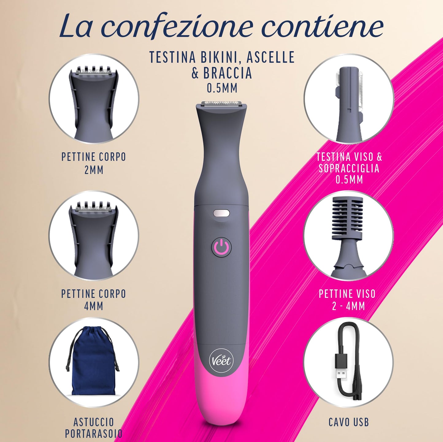 Veet Expert All-In-One Trimmer, Rasoio elettrico donna, Viso e parti intime, Epilatore elettrico donna 100% waterproof, 2 testine e 3 pettini guida, Rasatura ad alta precisione, Cordless