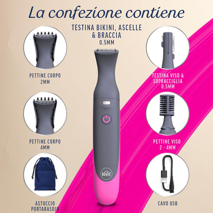 Veet Expert All-In-One Trimmer, Rasoio elettrico donna, Viso e parti intime, Epilatore elettrico donna 100% waterproof, 2 testine e 3 pettini guida, Rasatura ad alta precisione, Cordless