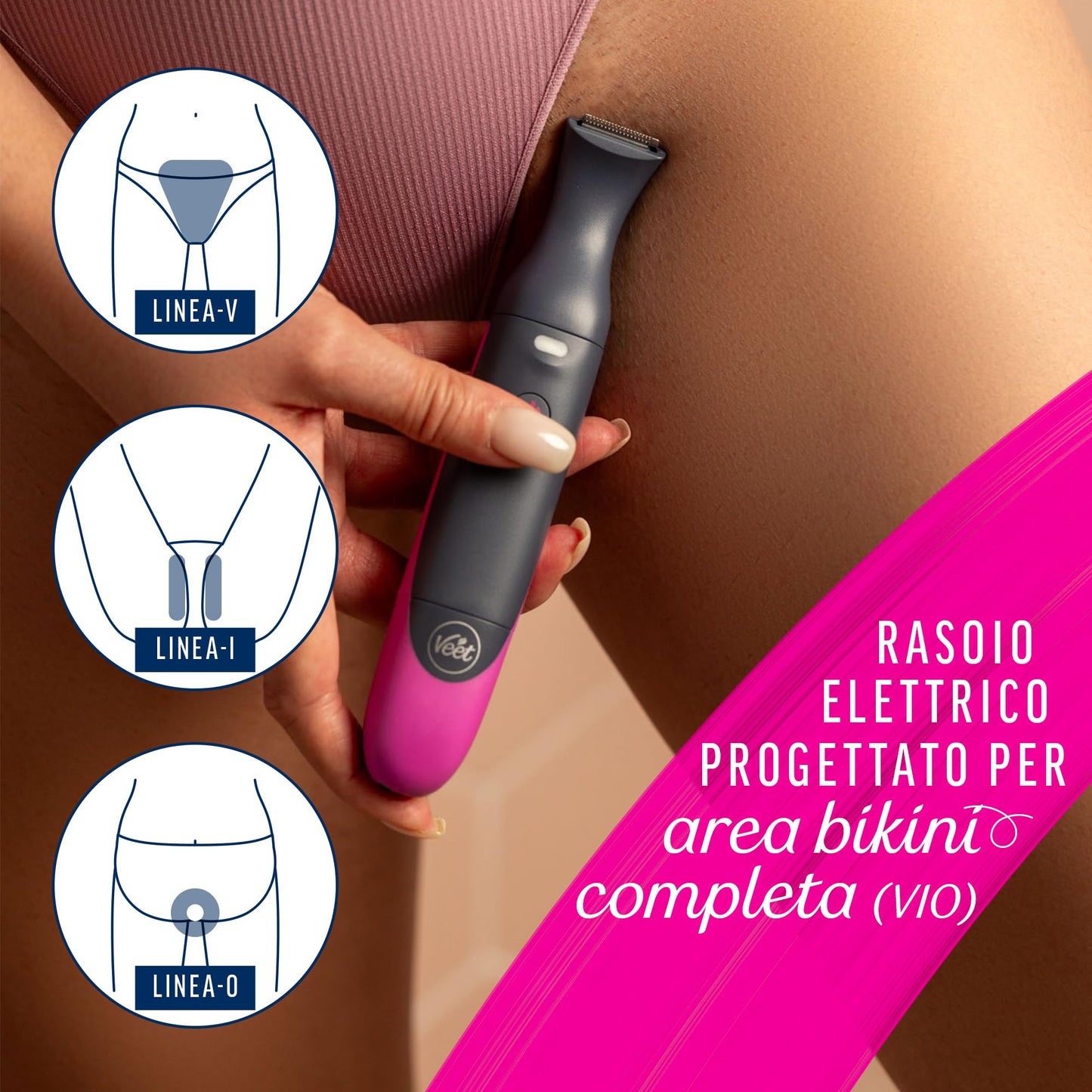 Veet Expert All-In-One Trimmer, Rasoio elettrico donna, Viso e parti intime, Epilatore elettrico donna 100% waterproof, 2 testine e 3 pettini guida, Rasatura ad alta precisione, Cordless